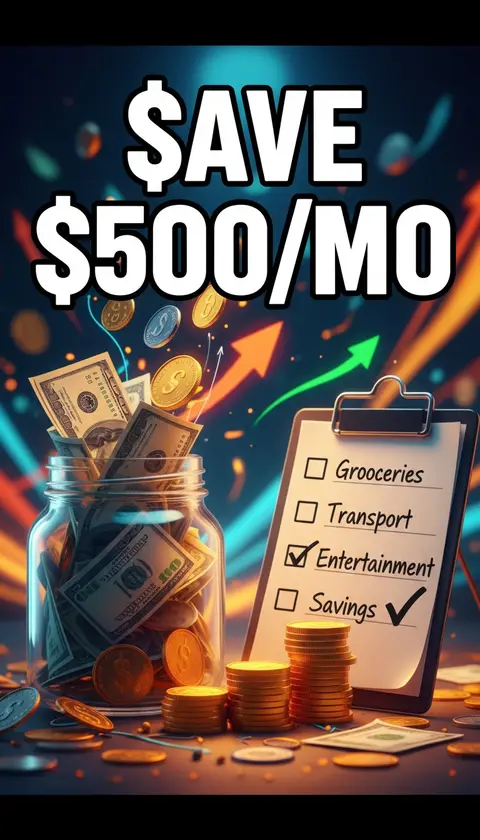 Vertical video cover, 9:16: jar of cash with rising coins stack, budget checklist, huge bold text "SAVE $500/MO", high c