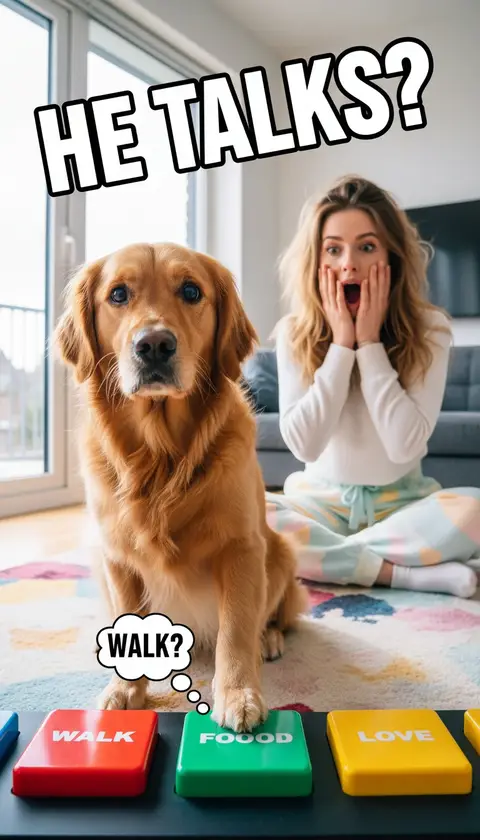 Vertical video cover, 9:16: dog with speech buttons under paw, shocked owner behind, bright room, huge bold text "HE TAL