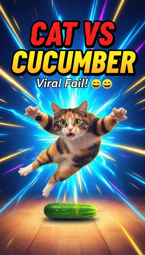 Vertical video cover, 9:16: startled cat mid-jump, cucumber on floor, motion lines, huge bold text "CAT VS CUCUMBER", hi