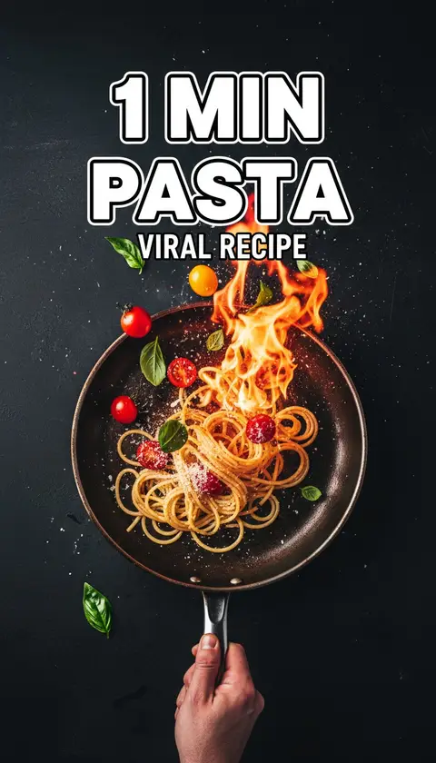 Vertical video cover, 9:16: overhead shot of hand tossing pasta in flaming pan, ingredients flying, huge bold text "1 MI