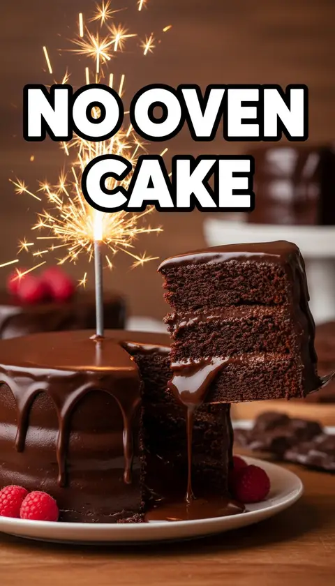 Vertical video cover, 9:16: layered chocolate cake slice pull with molten center, sparkler, huge bold text "NO OVEN CAKE