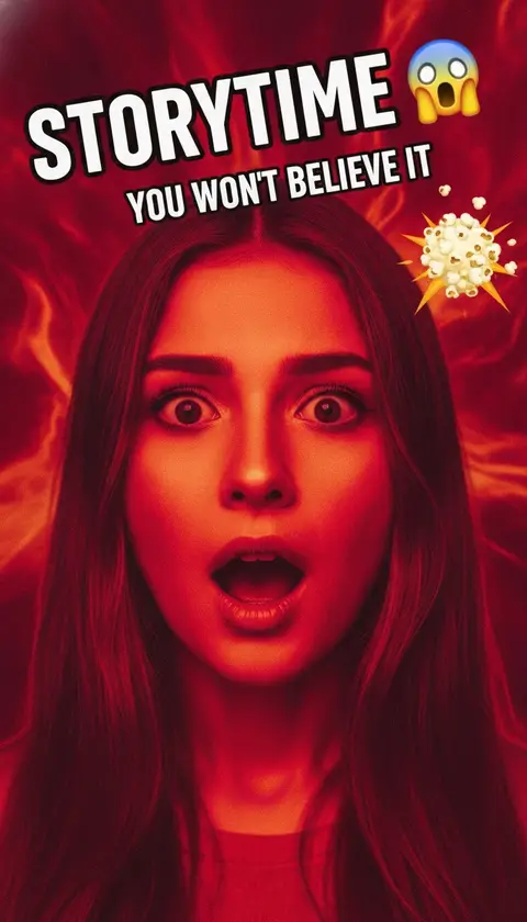 Vertical video cover, 9:16: girl with shocked face close to camera, dramatic red gradient, popcorn emoji, huge bold text