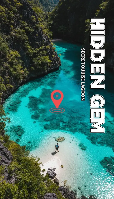 Vertical video cover, 9:16: traveler at secret turquoise lagoon, drone angle, location pin graphic, huge bold text "HIDD