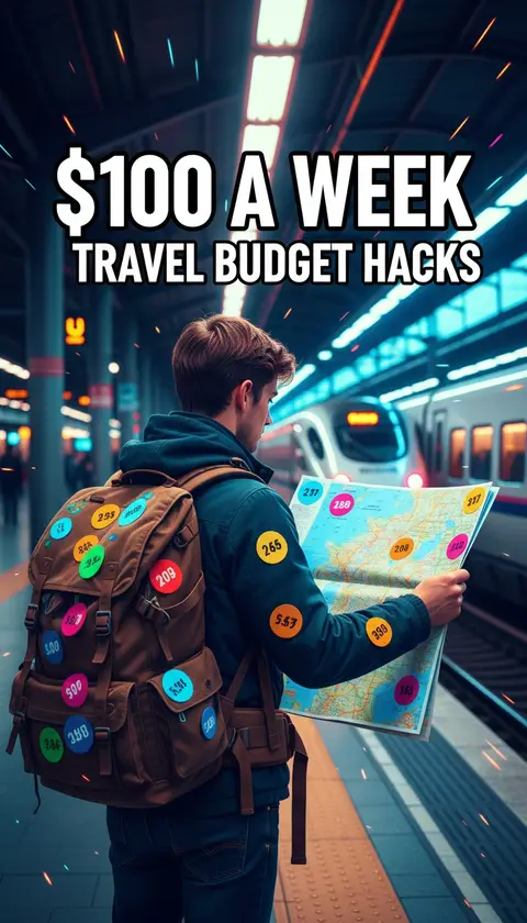 Vertical video cover, 9:16: backpacker with map at train platform, price tag stickers, huge bold text "$100 A WEEK", hig