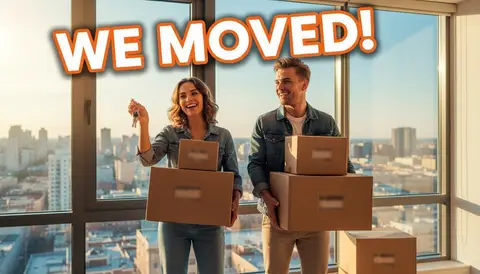 YouTube thumbnail, 16:9: young couple carrying boxes into sunlit new apartment, golden hour, keys in hand, huge bold tex