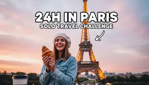 YouTube thumbnail, 16:9: woman with croissant in front of eiffel tower, film grain, pastel sky, huge bold text "24H IN P